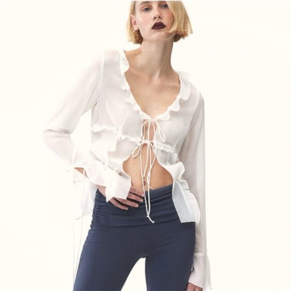 Elegant White Ruffle Tie-Front Blouse